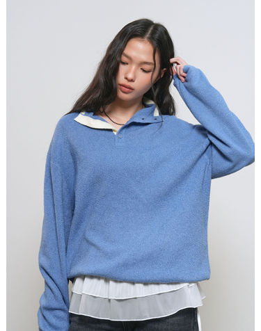 UNISEX 배색 카라 헨리넥 니트 [LIGHT BLUE] / GF1UKP007-WOMAN