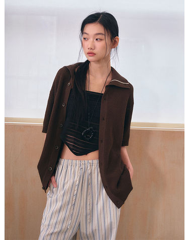 UNISEX 배색 라인 카라 가디건 [BROWN] / GF2UKC017-WOMAN