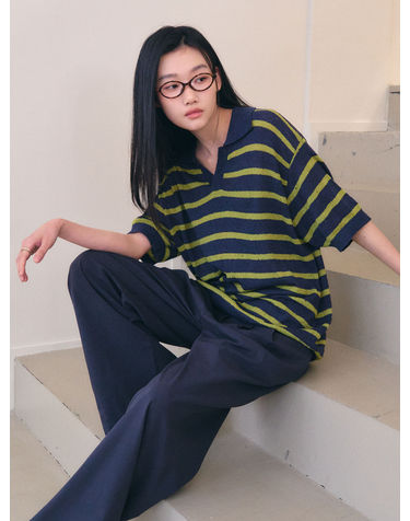 UNISEX 원버튼 카라 스트라이프 하프 니트 [NAVY] / GF2UKP021-WOMAN