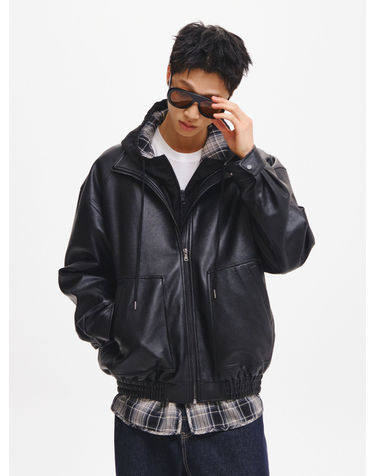 UNISEX 볼륨 블루종 하이넥 페이크 레더 점퍼 [BLACK] / GF3UJP006-MAN