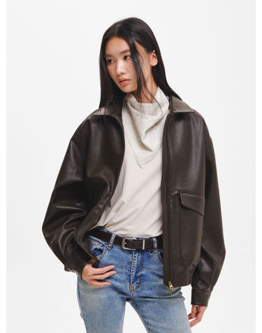 UNISEX 빅포켓 페이크 레더 블루종 [BROWN] / GF3UJP001-WOMAN