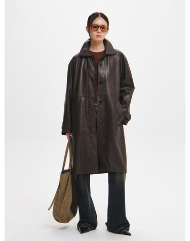 WOMAN 페이크 레더 미디 코트 [DARK BROWN] / GF3LCT508