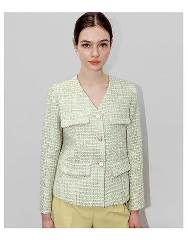 그린 트위드 브이넥 자켓_Green Tweed V neck JK