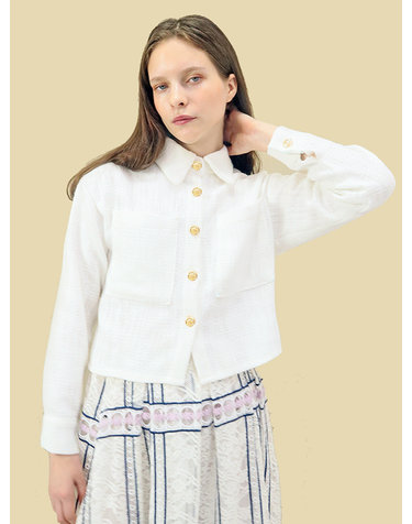 데미지니모닉 트위드 크롭 화이트 셔츠_Tweed Crop White Shirt