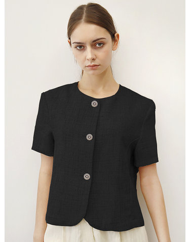 린넨2 라운드넥 반팔 블랙 크롭 자켓 _ Linen Round neck Black JK