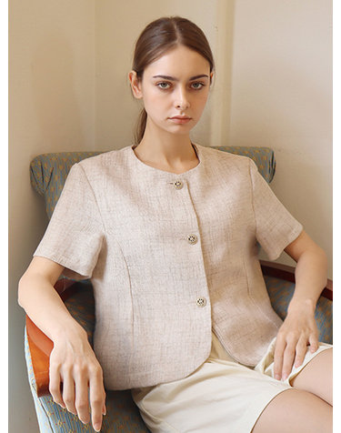 린넨2 라운드넥 반팔 베이지 크롭 자켓 _ Linen Round neck Beige JK