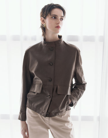[LUXURY LEATHER][양가죽]다크브라운 포켓 배색 셔켓형 가죽 자켓