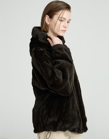 [LF단독][LUXURY FUR][밍크·위즐][리버시블]다크브라운 후드 하프 코트