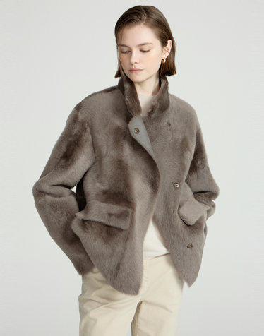 [LUXURY FUR][양모피][리버시블]브라운 하이넥 하프 무스탕