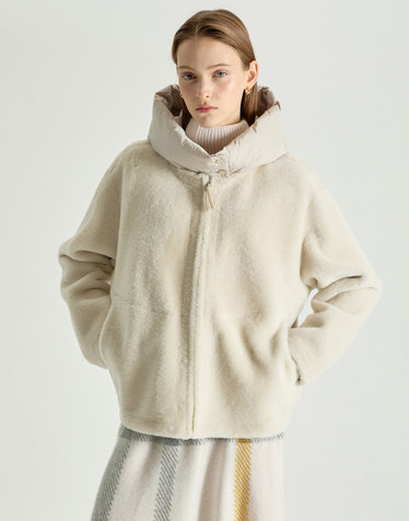 [LF단독][LUXURY FUR][양모피]크림 탈착 후드 패딩 배색 하프 무스탕