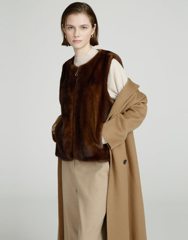 [LF단독][LUXURY FUR][밍크]브라운 포켓 배색 집업 베스트