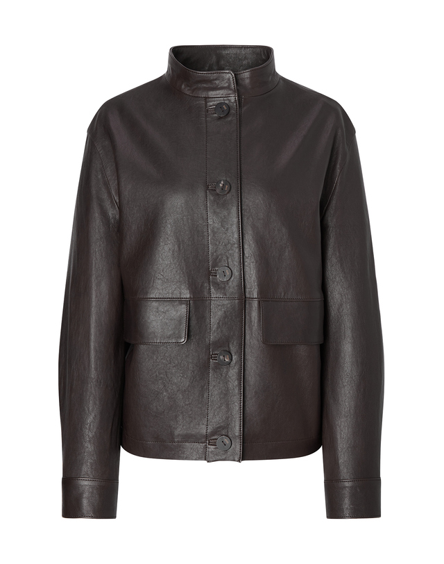닥스 여성 [LUXURY LEATHER][양가죽]다크브라운 포켓 배색 셔켓형 가죽 자켓 진한 브라운 착용컷