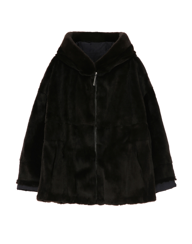 닥스 여성 [LUXURY FUR][밍크·위즐][리버시블]블랙 후드 하프 코트 착용컷
