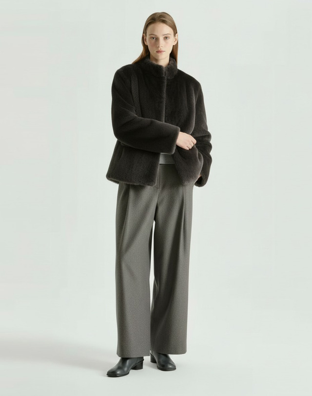 닥스 여성 [LUXURY FUR][양모피][리버시블]차콜그레이 하이넥 하프 무스탕 차콜 그레이 착용컷