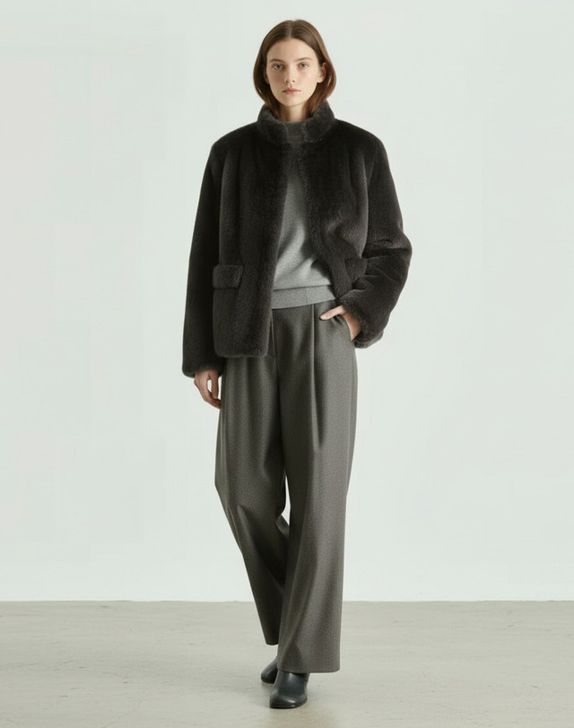 닥스 여성 [LUXURY FUR][양모피][리버시블]차콜그레이 하이넥 하프 무스탕 차콜 그레이 착용컷