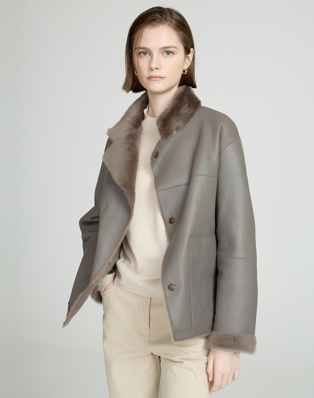 닥스 여성 [LUXURY FUR][양모피][리버시블]브라운 하이넥 하프 무스탕 착용컷