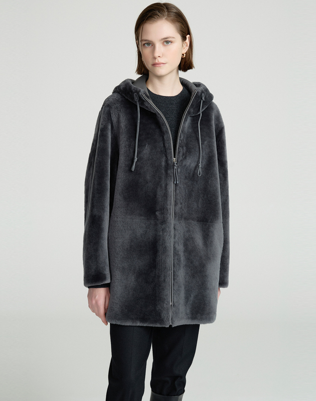 닥스 여성 [LUXURY FUR][양모피]네이비 후드 집업 하프 무스탕 착용컷