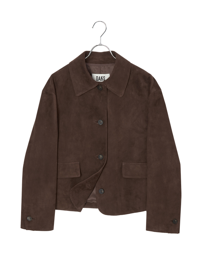닥스 여성 [LUXURY LEATHER][염소가죽]다크브라운 포켓 배색 스웨이드 자켓형 숏 코트 진한 브라운 착용컷