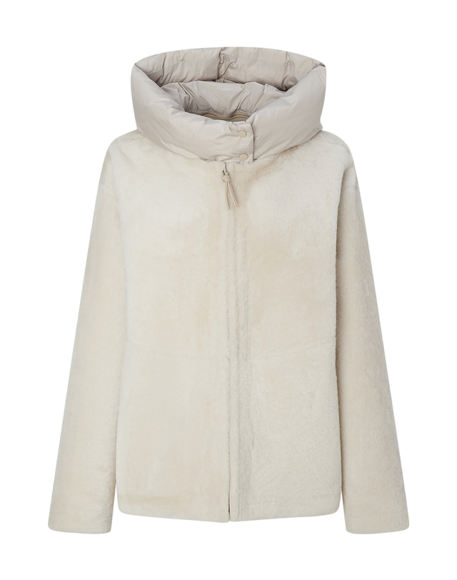 닥스 여성 [LUXURY FUR][양모피]크림 탈착 후드 패딩 배색 하프 무스탕 착용컷