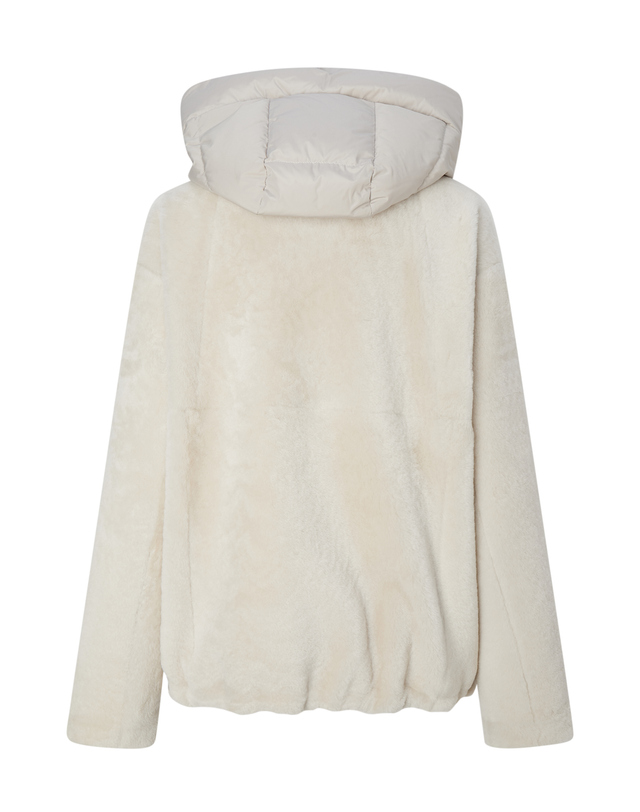 닥스 여성 [LUXURY FUR][양모피]크림 탈착 후드 패딩 배색 하프 무스탕 착용컷