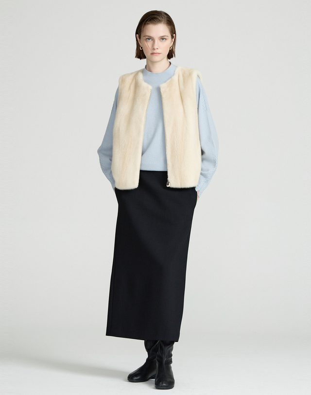 닥스 여성 [LUXURY FUR][밍크]베이지 포켓 배색 집업 베스트 착용컷