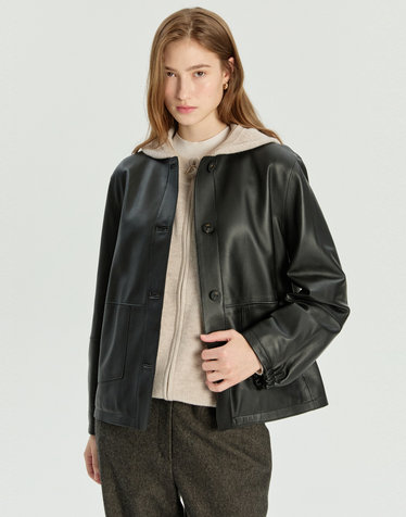 [LUXURY LEATHER] 블랙 볼륨 소매 램스킨 라운드넥 가죽자켓