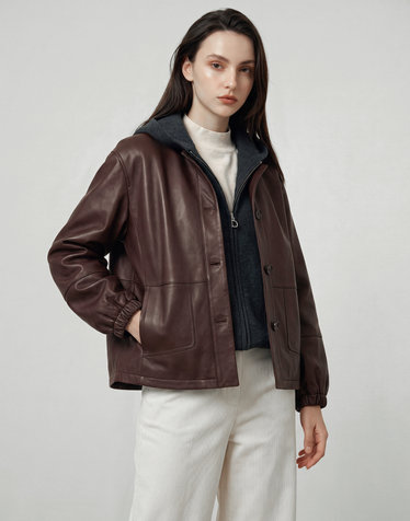 닥스 여성 [LUXURY LEATHER] 와인 볼륨 소매 램스킨 라운드넥 가죽자켓