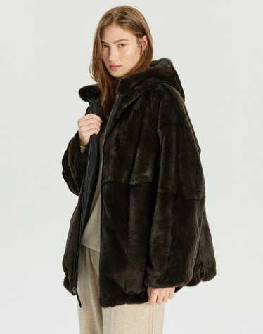 [LUXURY FUR] 블랙 리버시블 위즐 밍크 후드 하프 코트