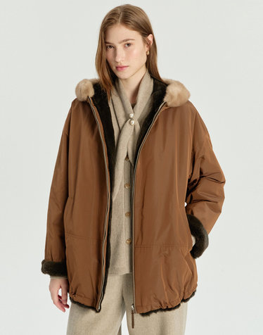 [LUXURY FUR] 세피아 리버시블 위즐 밍크 후드 하프 코트