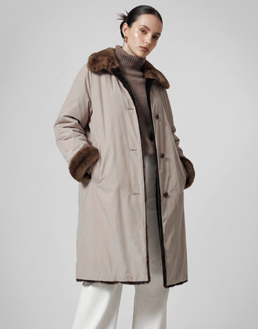 [LUXURY FUR] 라이트 카키 트렌치형 리버시블 위즐 롱 코트 (후드 탈착)