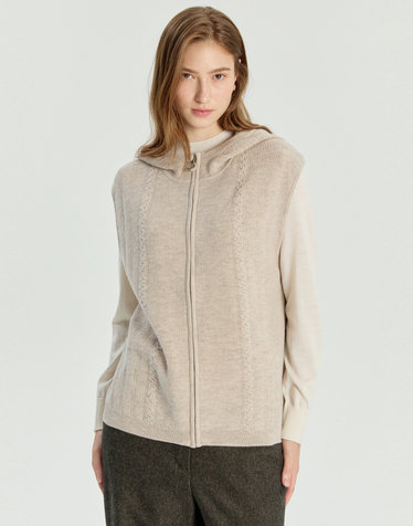 [WOOL100%] 라이트베이지 울100 후드 집업 베스트