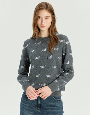 [단독/WOOL100%] 차콜그레이 닥스훈트X하우스체크 울100 니트