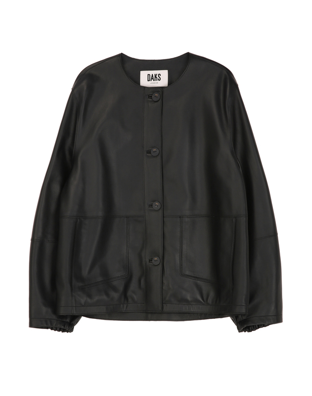 닥스 여성 [LUXURY LEATHER] 블랙 볼륨 소매 램스킨 라운드넥 가죽자켓 착용컷