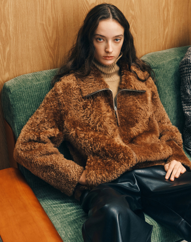 닥스 여성 [LUXURY FUR] 카멜 천연모피 세미 컬리 무스탕 리버시블 자켓 캐멀 상세