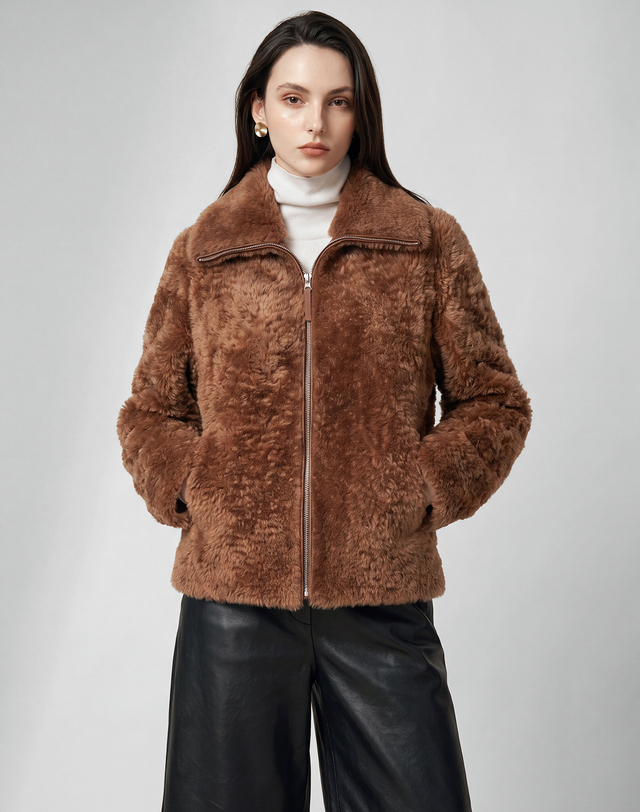 닥스 여성 [LUXURY FUR] 카멜 천연모피 세미 컬리 무스탕 리버시블 자켓 캐멀 상세