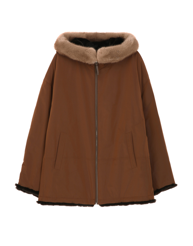 닥스 여성 [LUXURY FUR] 세피아 리버시블 위즐 밍크 후드 하프 코트 착용컷