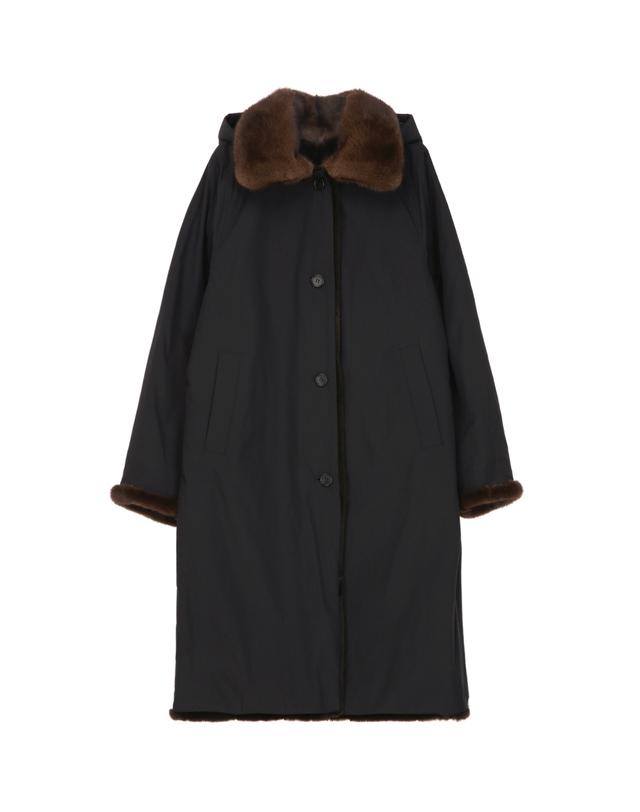 닥스 여성 [LUXURY FUR] 블랙 트렌치형 리버시블 위즐 롱 코트 (후드 탈착) 착용컷