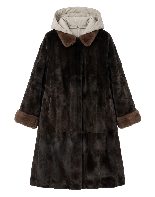 닥스 여성 [LUXURY FUR] 라이트 카키 트렌치형 리버시블 위즐 롱 코트 (후드 탈착) 연카키 착용컷