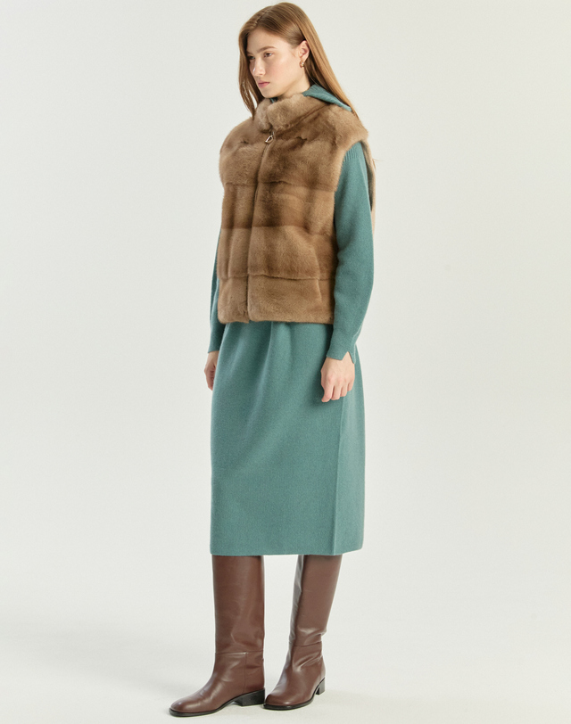 닥스 여성 [LUXURY FUR] 파스텔 브라운 밍크 니트 패치 베스트 진한 베이지 상세