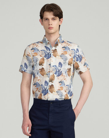 [IMPORTED FABRIC] 린넨100% 브라운 보태니컬 프린트 반팔 셔츠