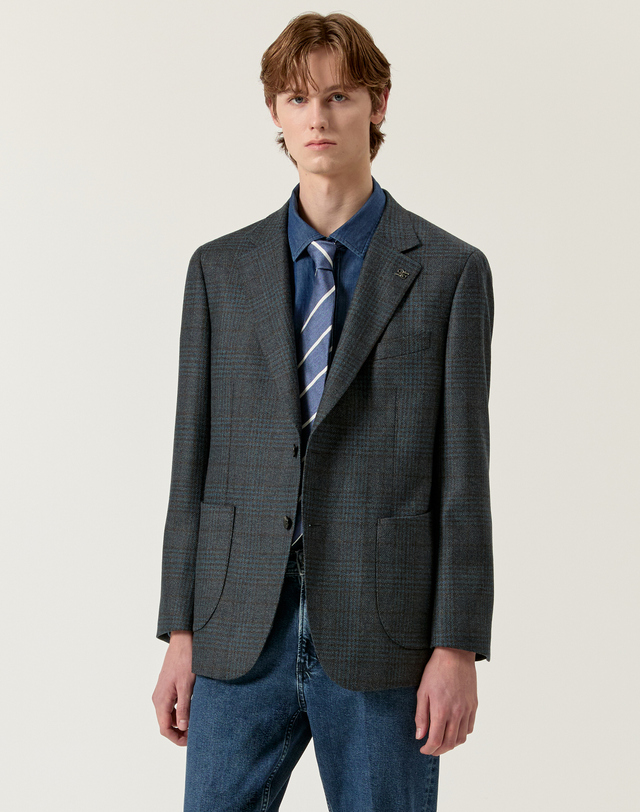 닥스 남성 [LORO PIANA 원단] 다크터키쉬블루 체크 포멀 자켓 진한 청록 착용컷