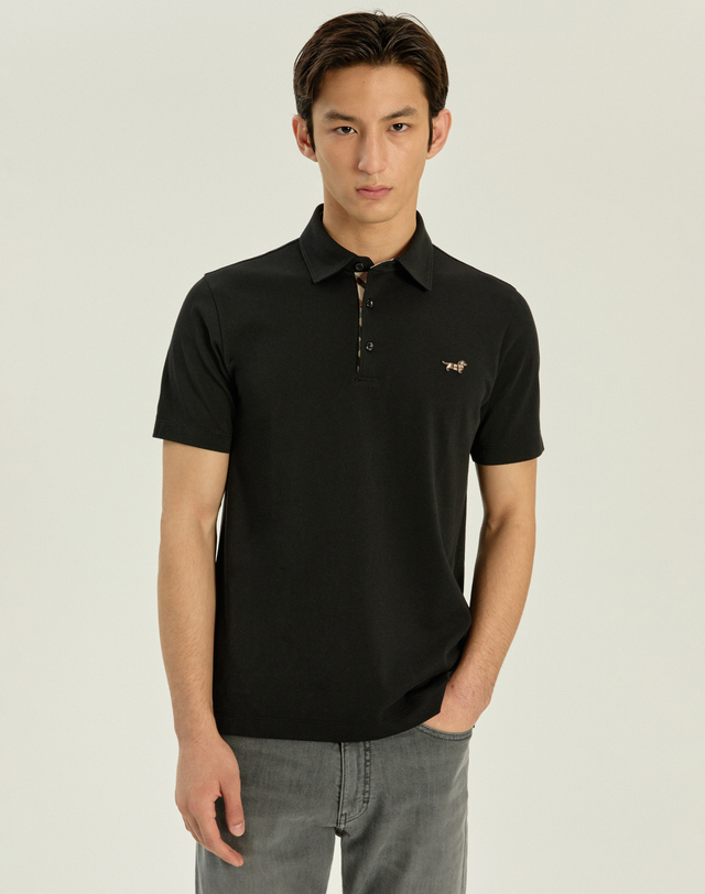 닥스 남성 [EXCLUSIVE][닥스훈트] 블랙 체크 배색 반팔 카라 티셔츠 착용컷