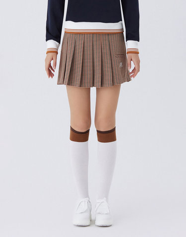 Check Half Pleats Skirts_BEIGE