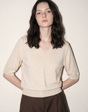 Wool-Blend V-Neck Half Sleeve Knit_BEIGE