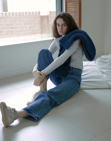 Straight wide denim pants (BLUE)
