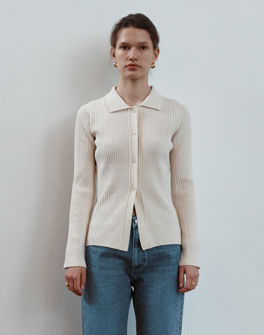 Multi rib slim fit collar cardigans [IVORY]