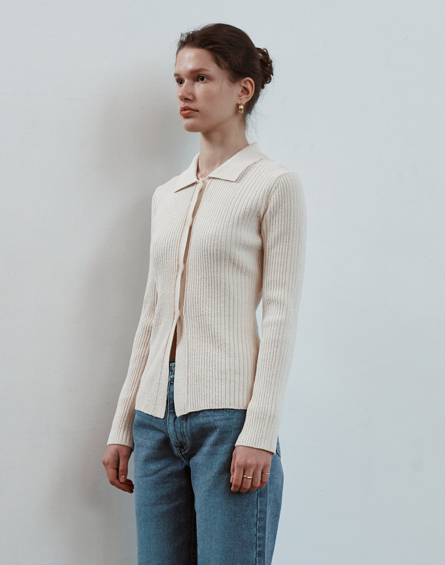 스텝어라운드 Multi rib slim fit collar cardigans [IVORY] 아이보리 착용컷
