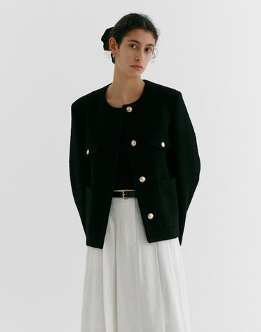 SET UP - BOUCLE ROUND WOOL JACKET_BLACK
