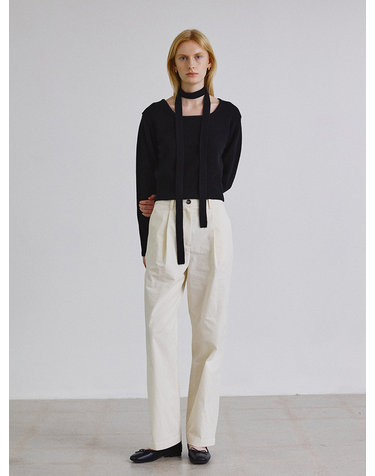 Washed tuck straight cotton pants_CREAM
