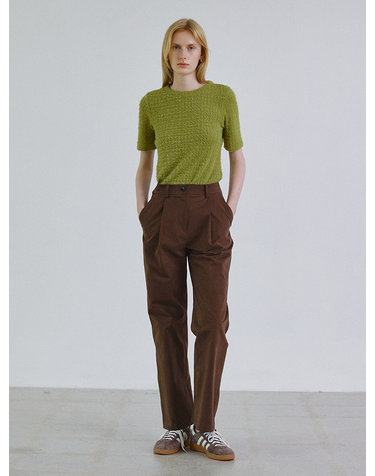 Washed tuck straight cotton pants_BROWN